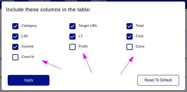 New Tracking Links Columns