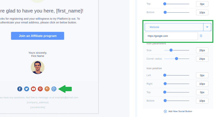 Website Icon in Email Builder