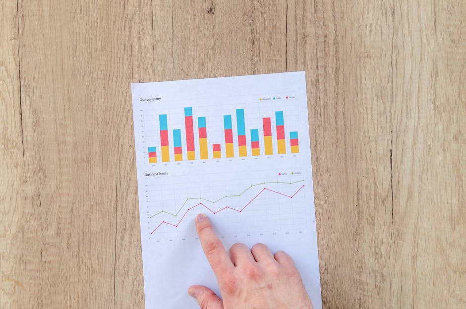 A hand points to colorful business charts and graphs on a paper sheet on a wooden desk